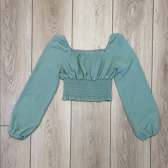 SHEIN Tops - SHEIN Sage Green Long Sleeve Smocked Crop Top